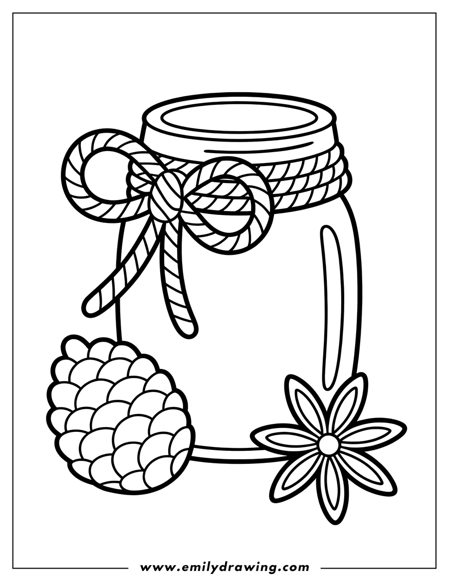 Outline of a jar with a tied bow, a pine cone, and a flower.