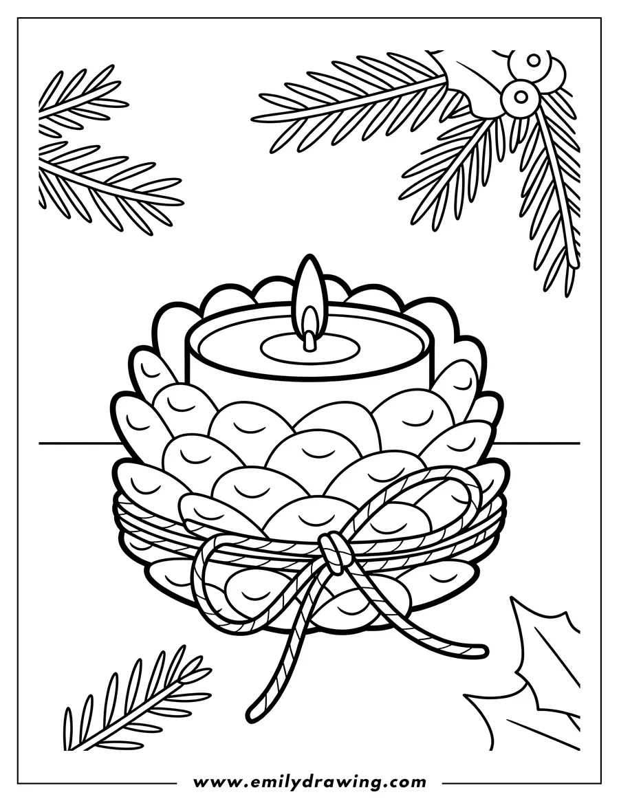 Outline of a lit candle nestled in a pine cone holder tied with twine, surrounded by pine branches and holly leaves.