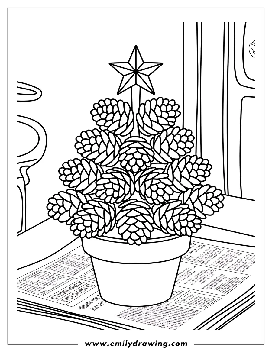 Line art of a Christmas tree made of pine cones in a pot, sitting on some newspaper.
