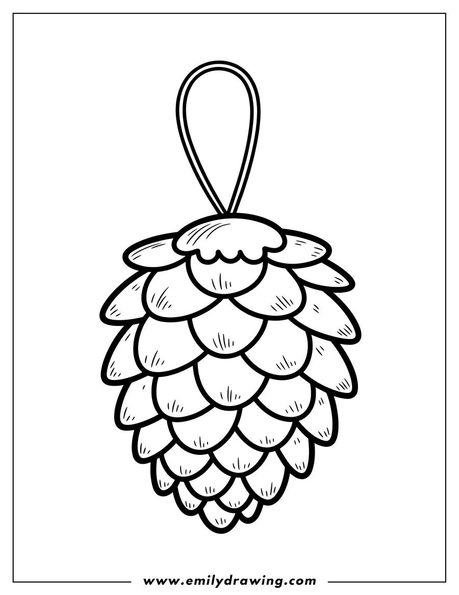Line art of a pine cone ornament with a string attached to the top.