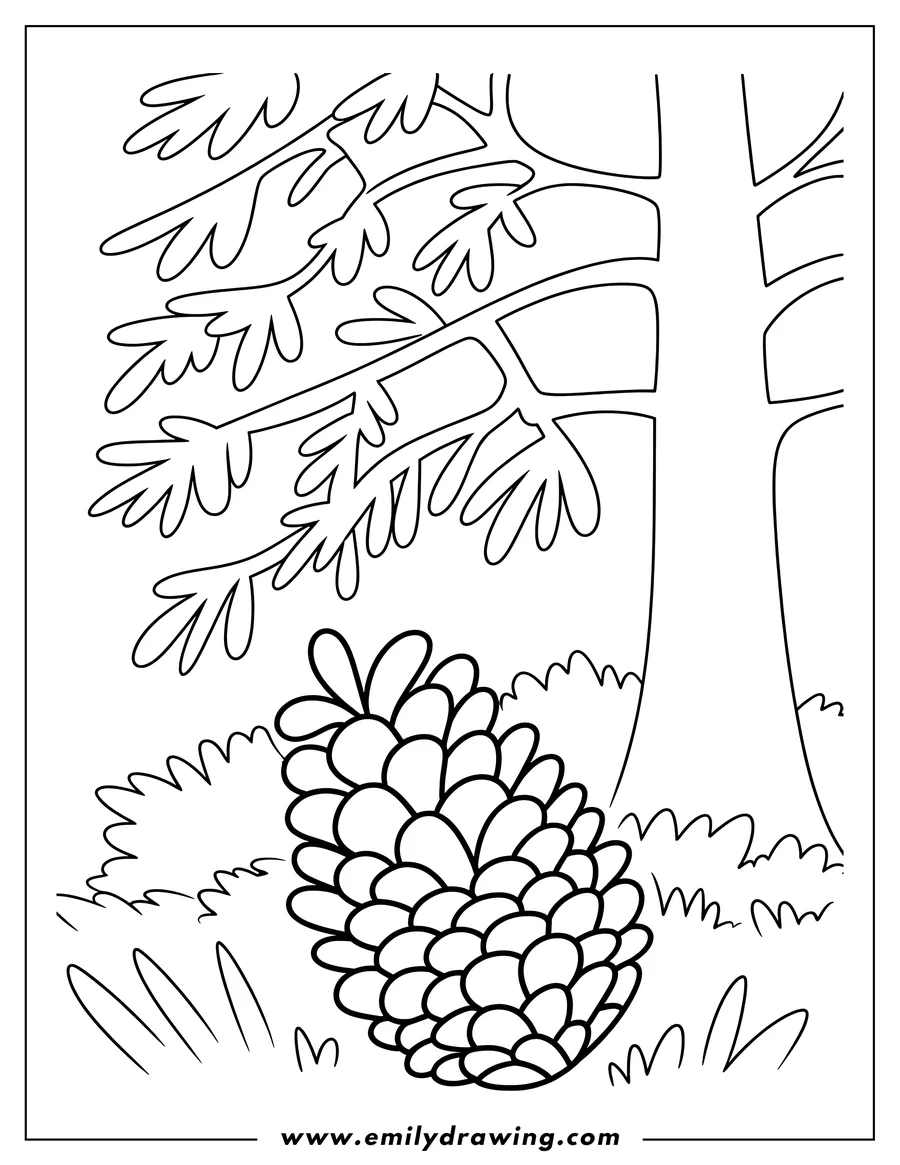 Outline of a pine cone lying on the ground beneath a pine tree.
