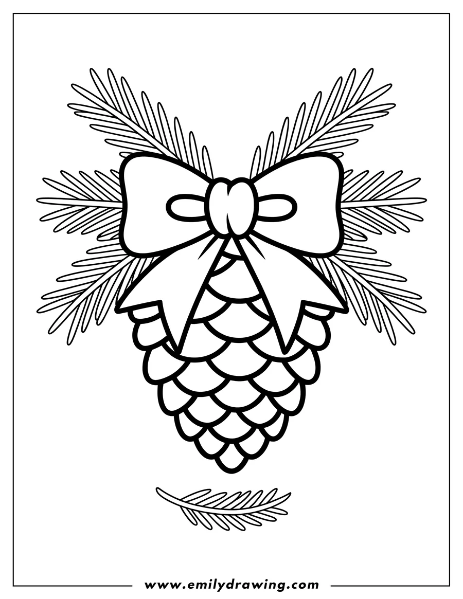 Line art of a pine cone with a bow and pine branches.