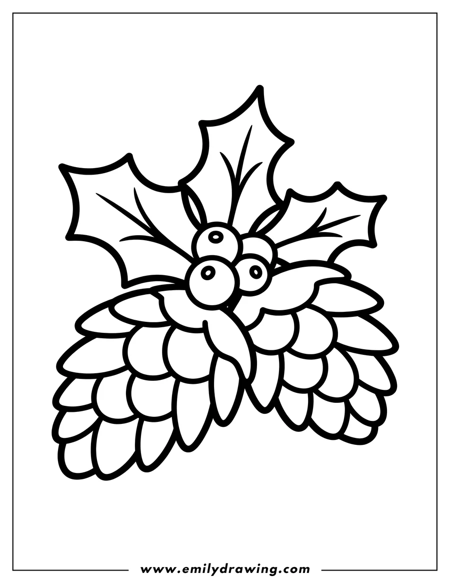 Outline of a pine cone with holly berries and leaves.