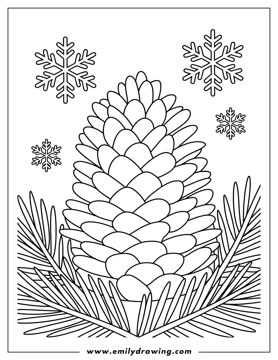Outline of a large pine cone with pine needles and snowflakes surrounding it.