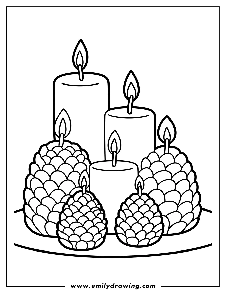 Outline of three lit candles among four pine cones on a plate.