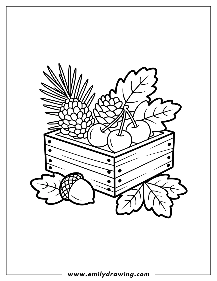 Outline of pine cones, cherries, and autumn leaves arranged in a wooden crate, ready for coloring.