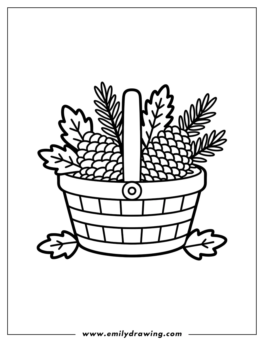 Line art of a basket filled with pine cones and leaves.
