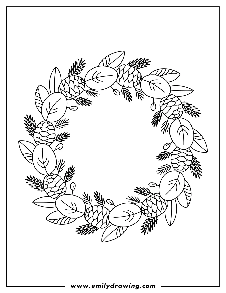 Line art of a wreath made of pine cones and leaves.