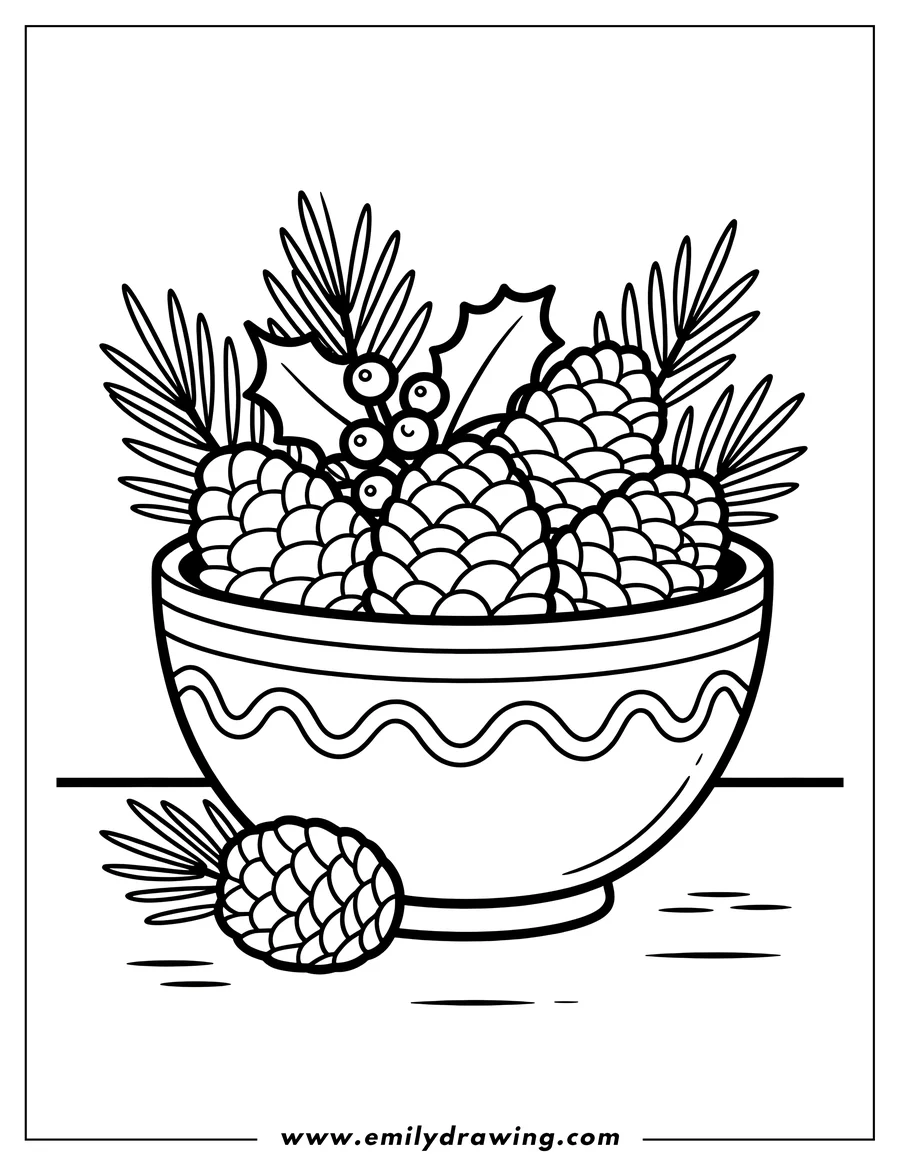 Line art of several pine cones and holly sprigs arranged in a decorative bowl, with an additional pine cone beside the bowl.