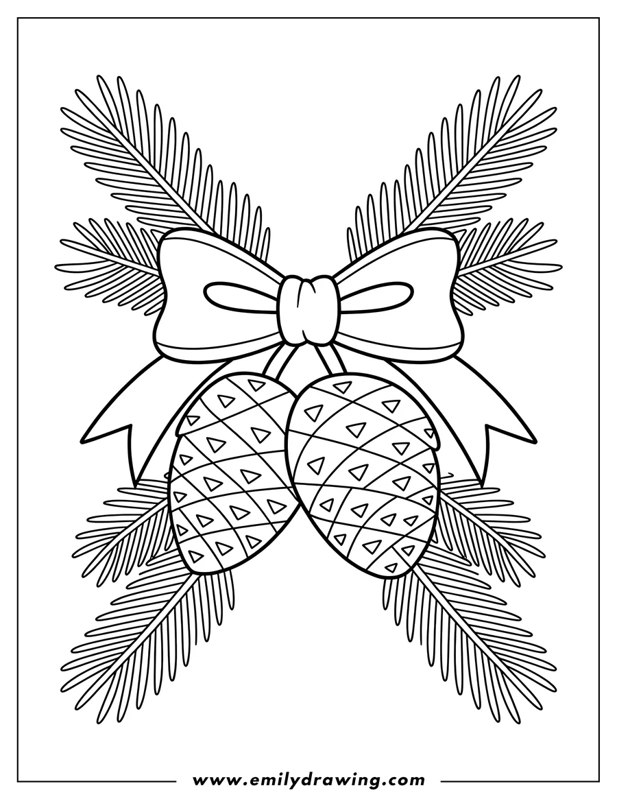 Line art of two pine cones with a bow tied around them. They are surrounded by pine branches, creating a festive design.