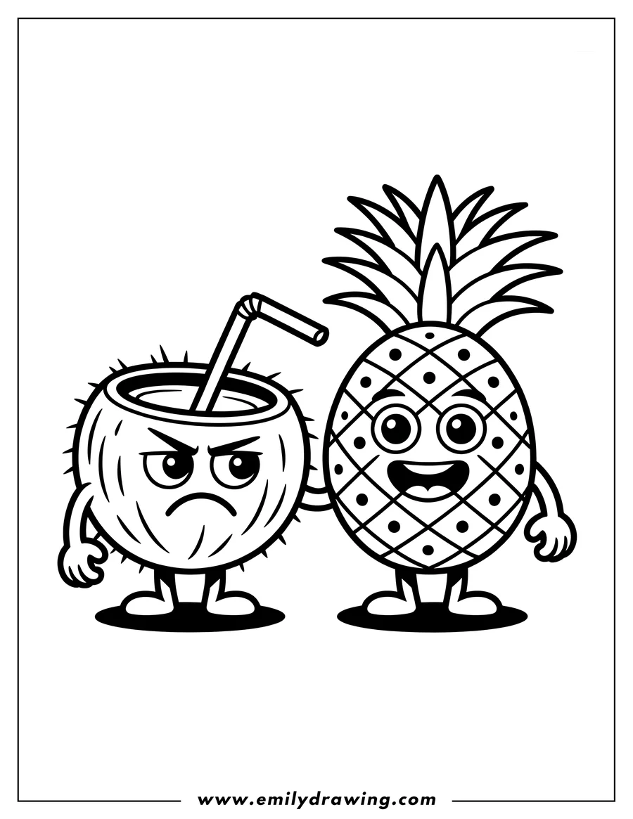 Outline of a happy pineapple holding hands with a grumpy coconut. Both fruits have arms, legs, and expressive faces.