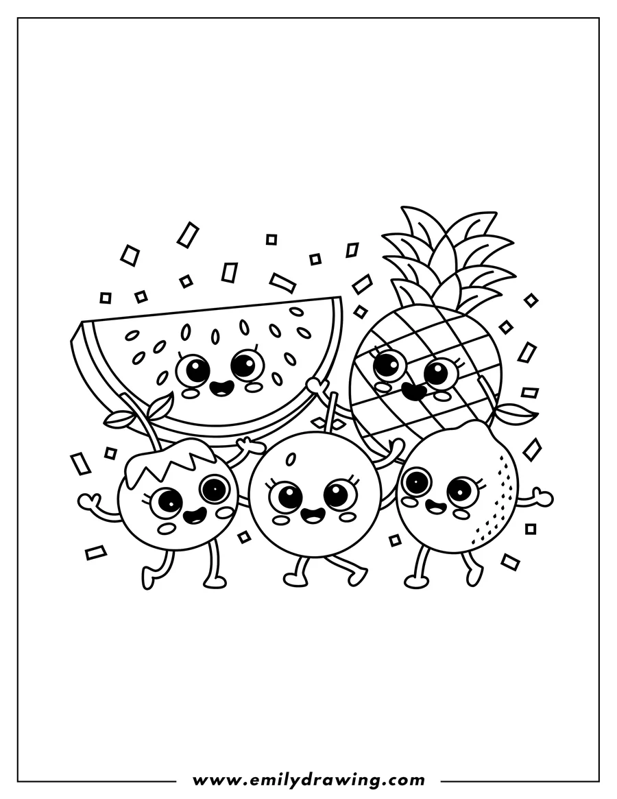 Line art of a pineapple, watermelon slice, cherry, orange, and lemon, all with cute faces and legs, dancing together amidst small square confetti.