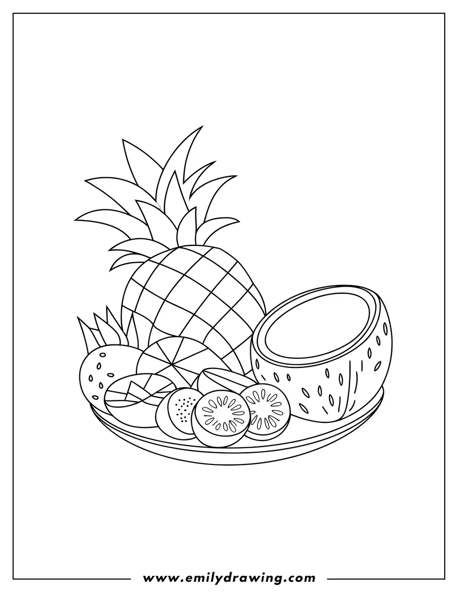 Line art of a pineapple, a halved coconut, and sliced kiwi, mango, and strawberries arranged on a plate.