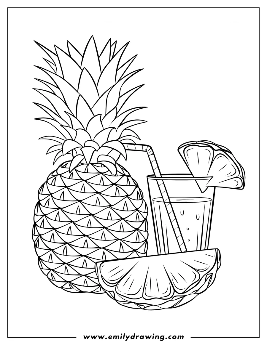 Line art of a whole pineapple, a glass of pineapple juice with a straw and a pineapple wedge garnish, and a slice of pineapple.