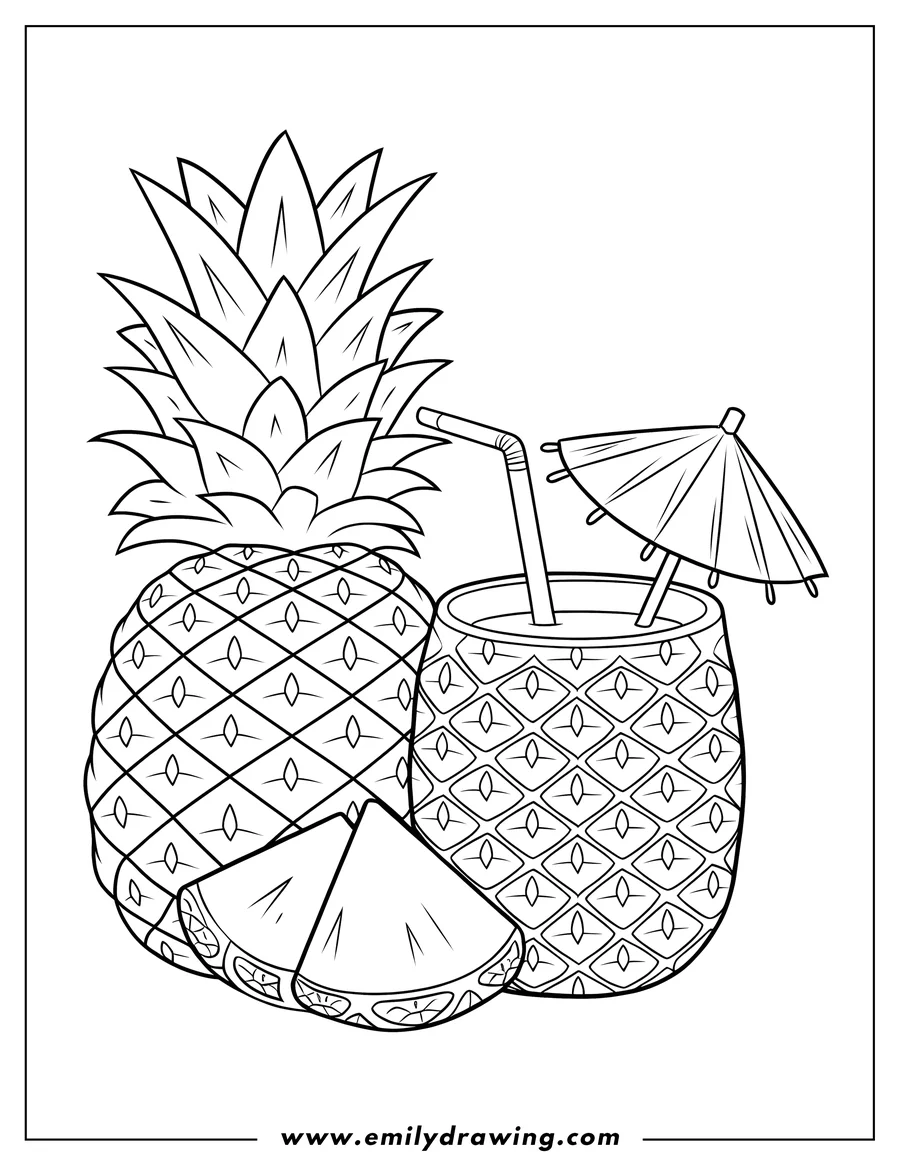 Line art of a whole pineapple, a pineapple drink with a straw and small umbrella, and two pineapple slices.