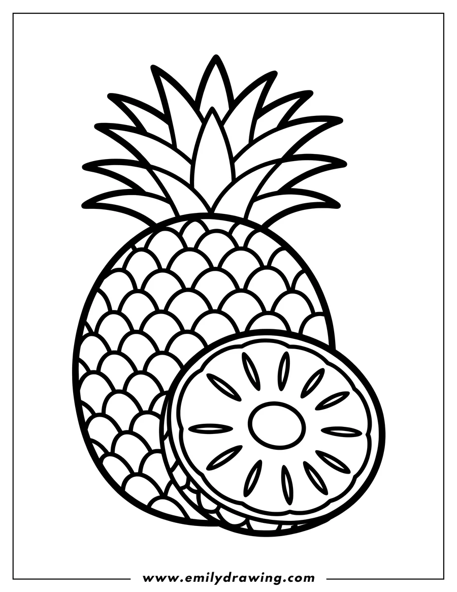 Line art of a whole pineapple and a pineapple slice.