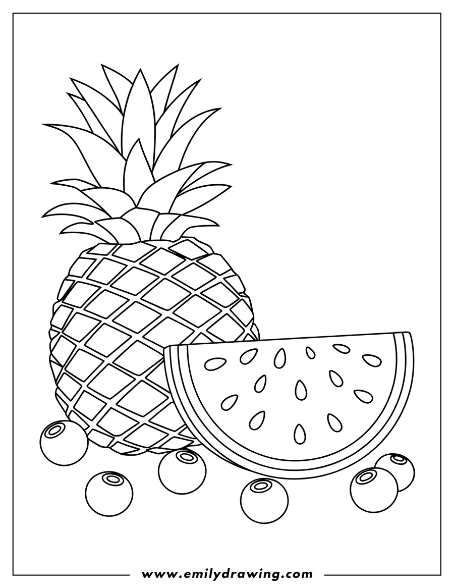 Line art of a pineapple, a slice of watermelon, and some blueberries.