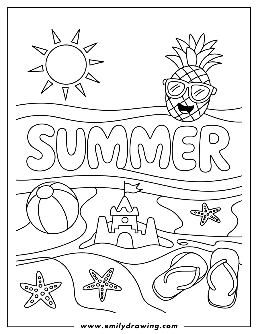 Outline of a pineapple wearing sunglasses at the beach, with a sandcastle, beach ball, starfish, and the word 'Summer'.