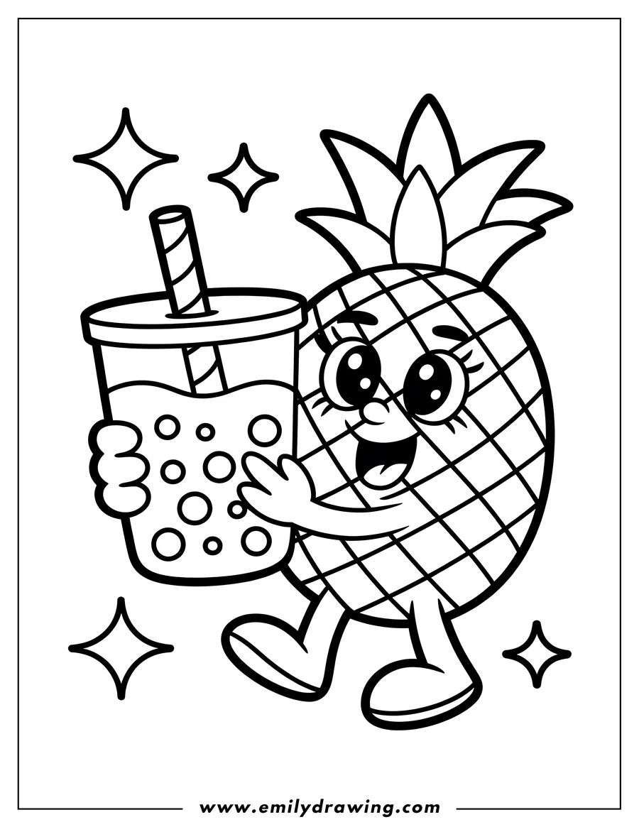 Outline of a cheerful pineapple holding a boba drink with a striped straw. Sparkles surround the pineapple.