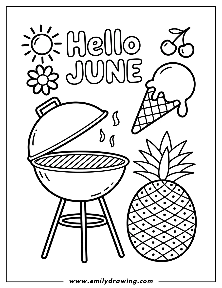 Line art illustration of a pineapple, barbecue grill, ice cream cone, cherries, flower, sun, and the words 'Hello June'.
