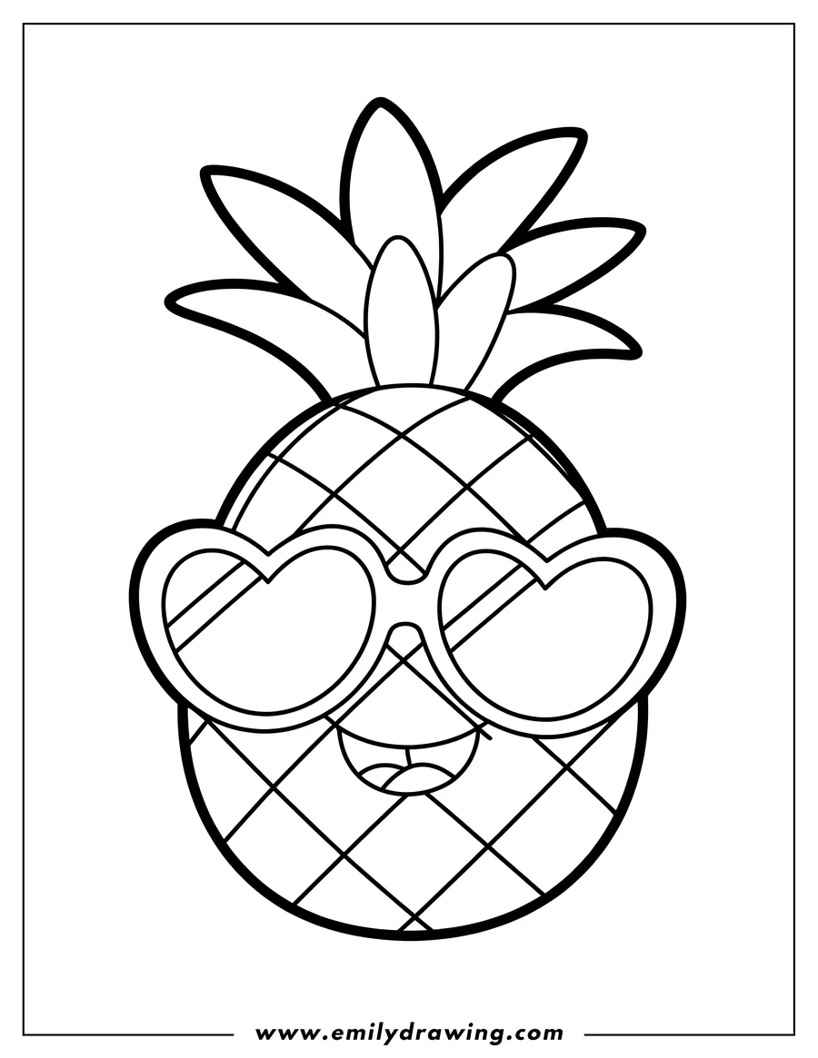 Outline of a smiling pineapple wearing heart-shaped sunglasses.