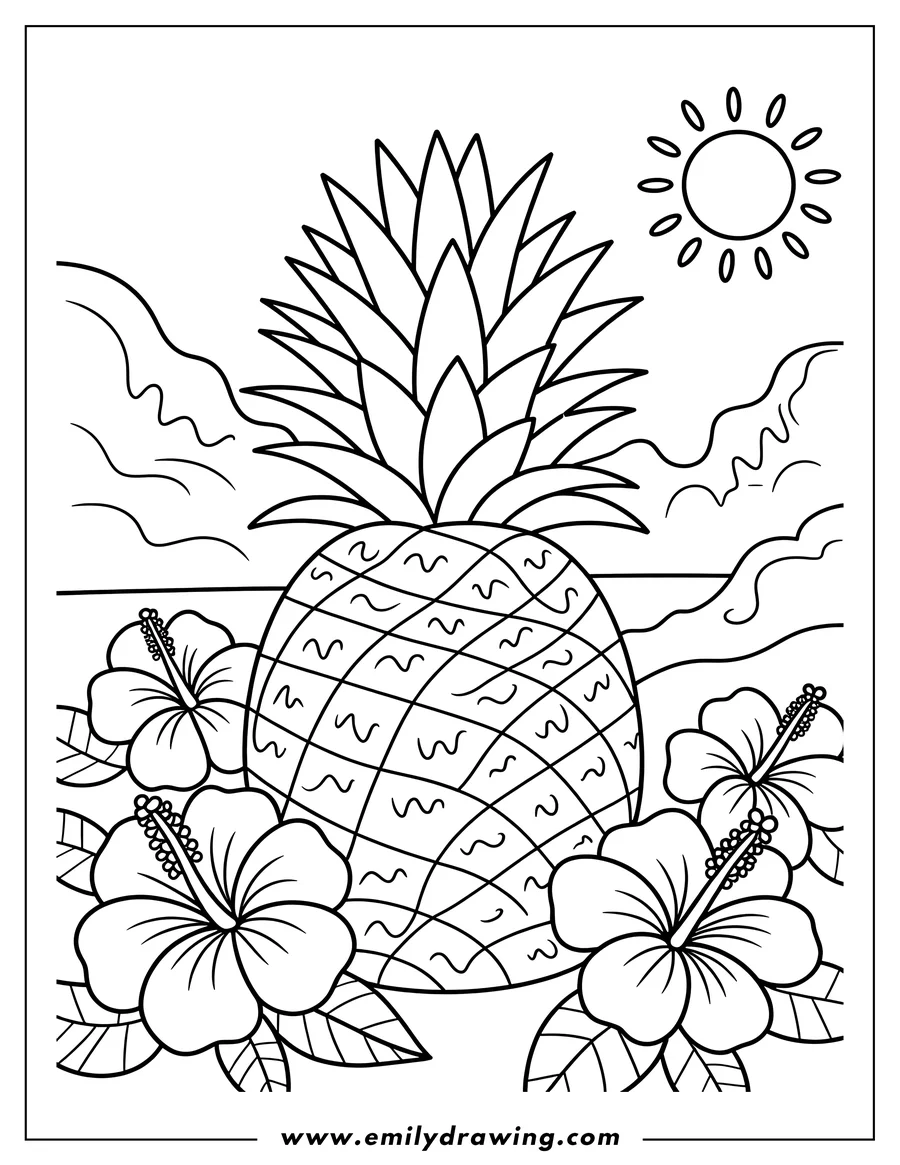 Line art of a pineapple with hibiscus flowers on a sunny beach. Waves are visible in the background.