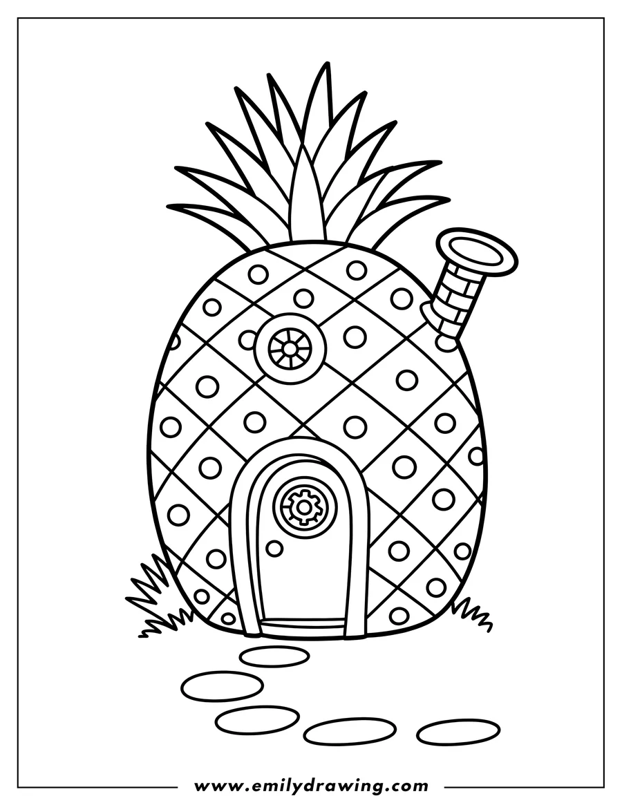 Line art of a whimsical pineapple-shaped house with a chimney, round windows, and a stepping stone path.