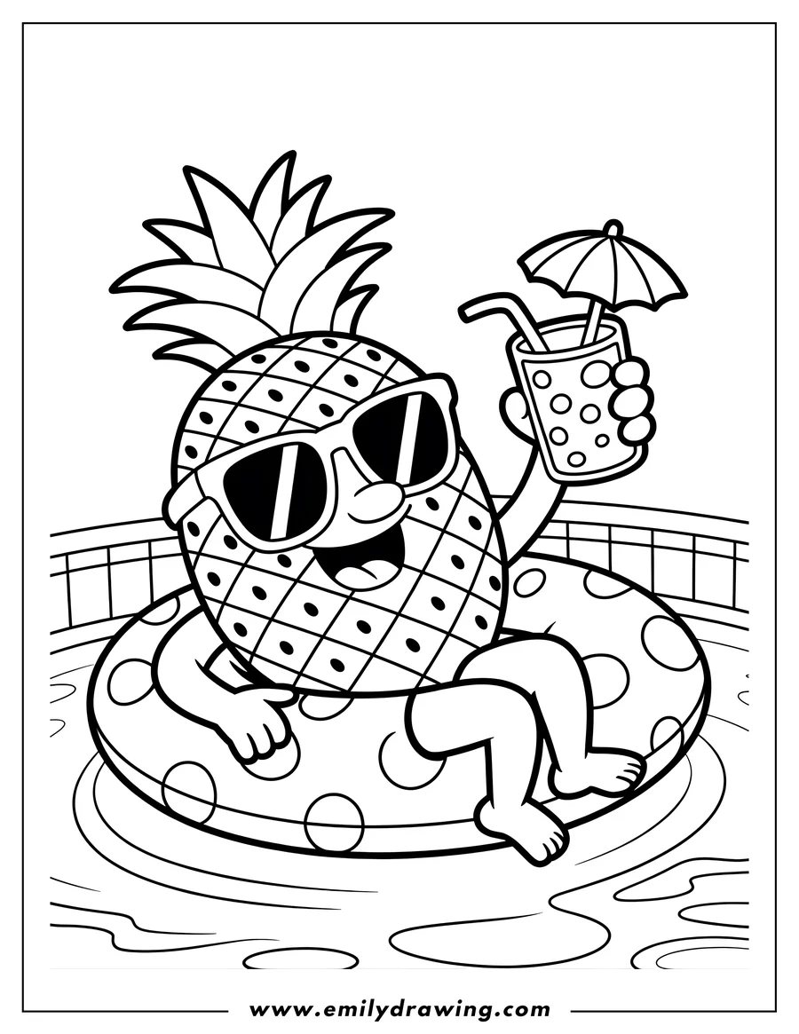 Line art of a pineapple wearing sunglasses, relaxing in a pool float with a drink in hand.