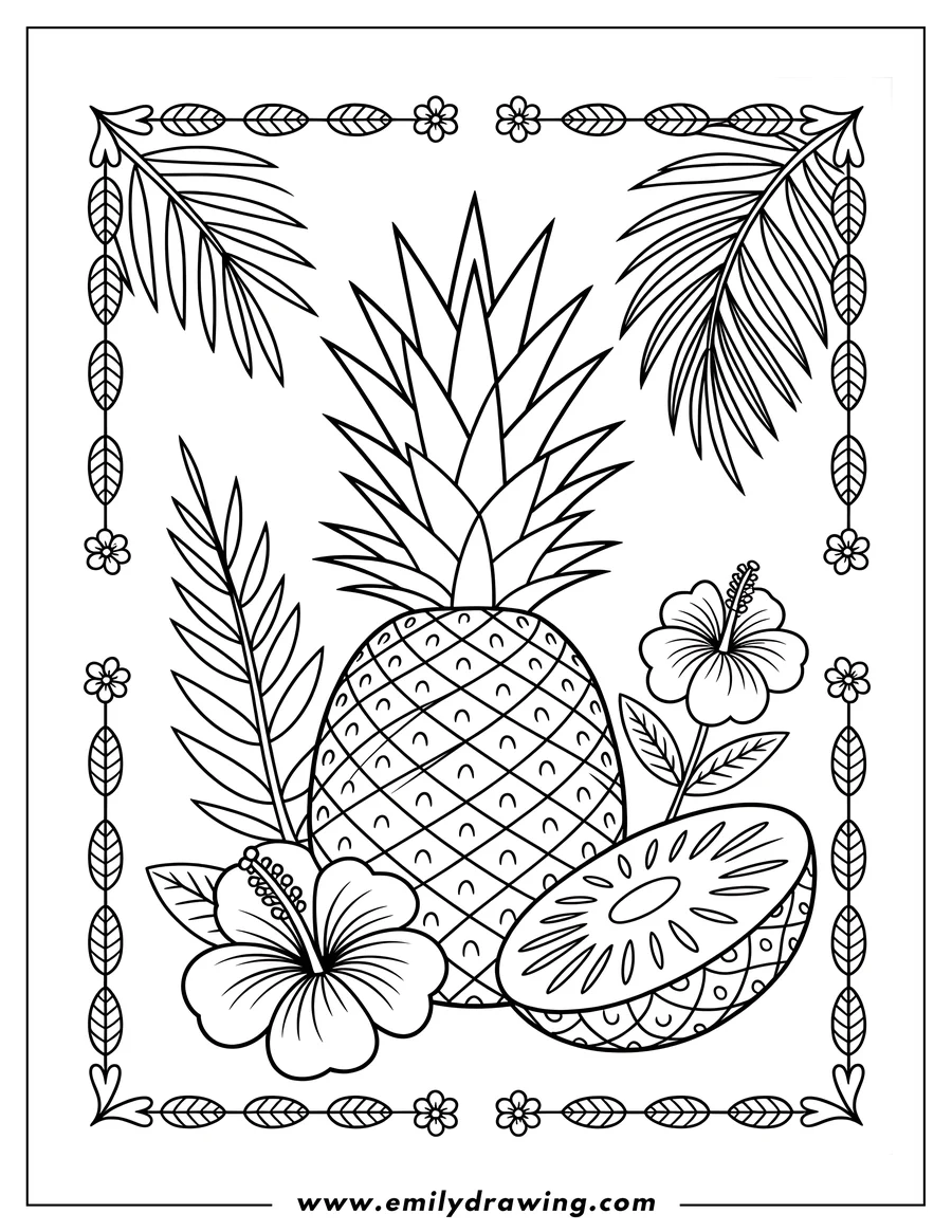 Line art of a pineapple, a kiwi slice, and two hibiscus flowers, surrounded by palm leaves and a decorative border.