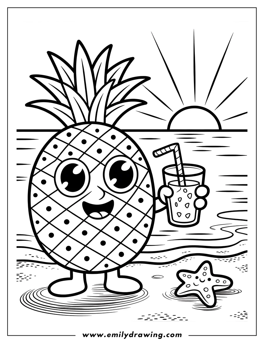 Outline of a smiling pineapple with a drink standing on a beach at sunset, near a starfish.
