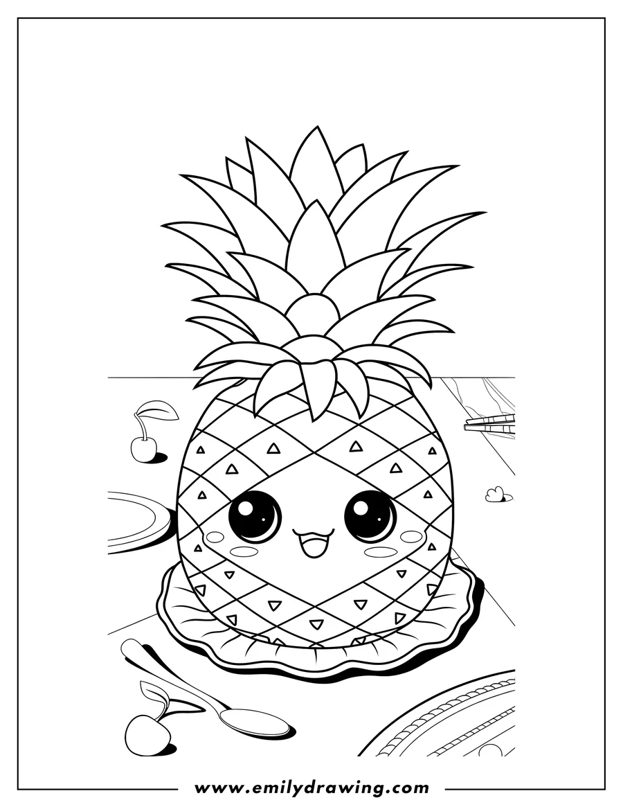 Outline of a cute pineapple sitting on a decorative plate with cherries and a spoon nearby.