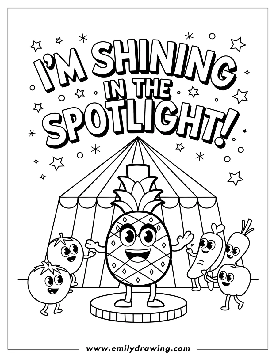 Line art of a pineapple standing on a stage under a spotlight, with other fruits and vegetables watching from the side.