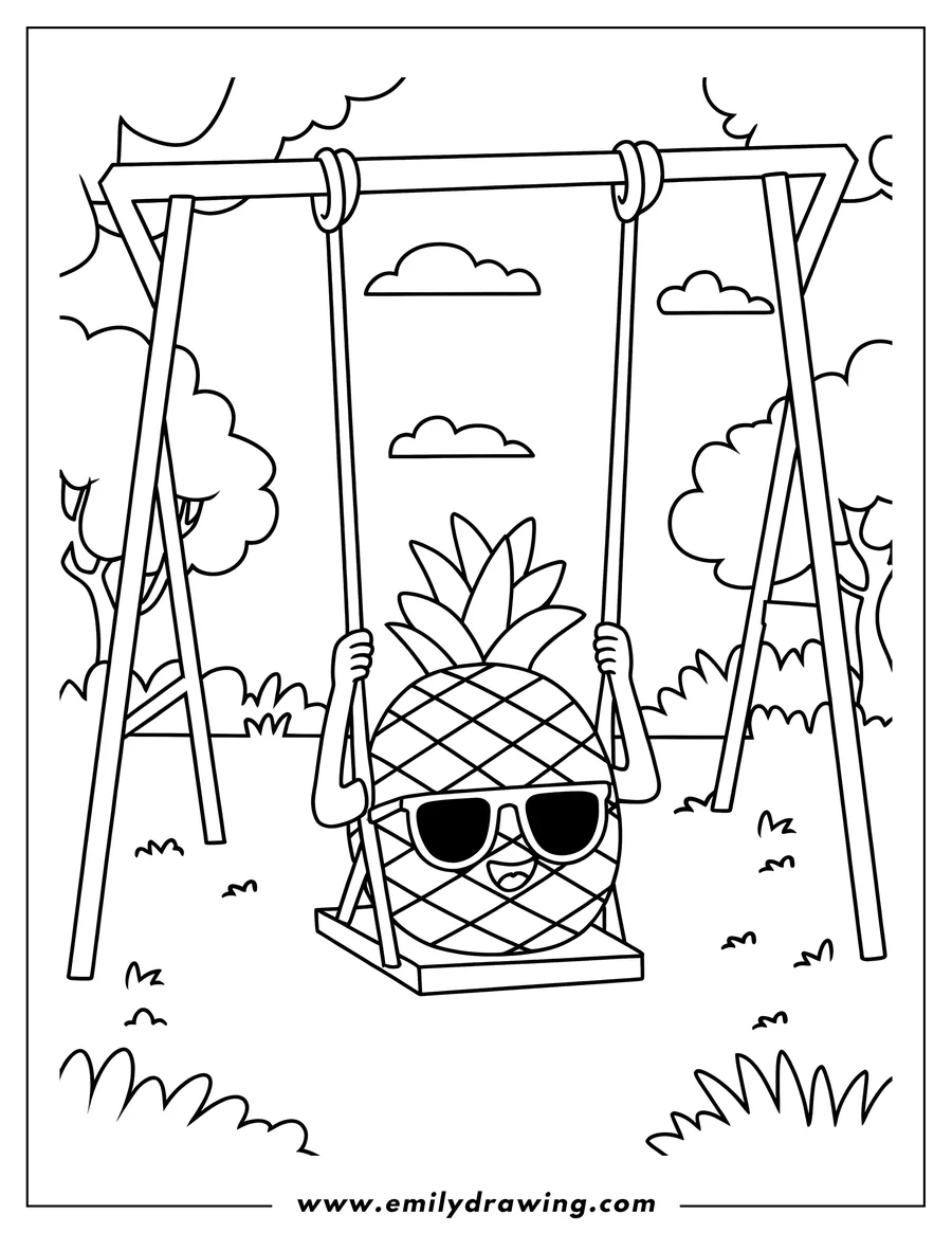 Outline of a pineapple wearing sunglasses and swinging on a swing set in a park setting.