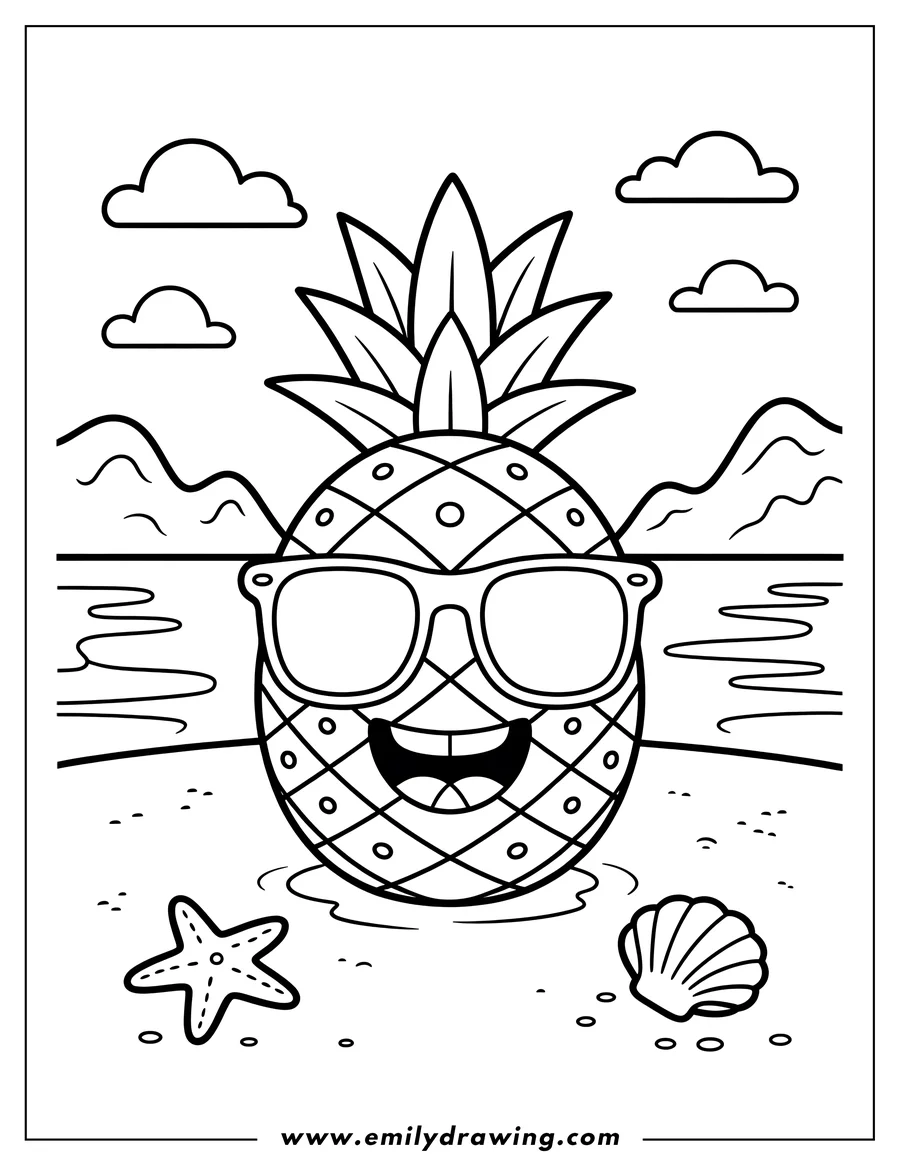 Outline of a smiling pineapple wearing sunglasses on the beach, with a starfish and seashell nearby.