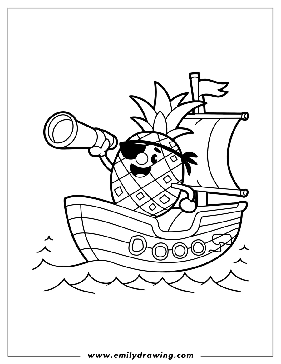 Outline of a pineapple wearing an eyepatch and holding a spyglass, standing on a pirate ship sailing on the ocean.