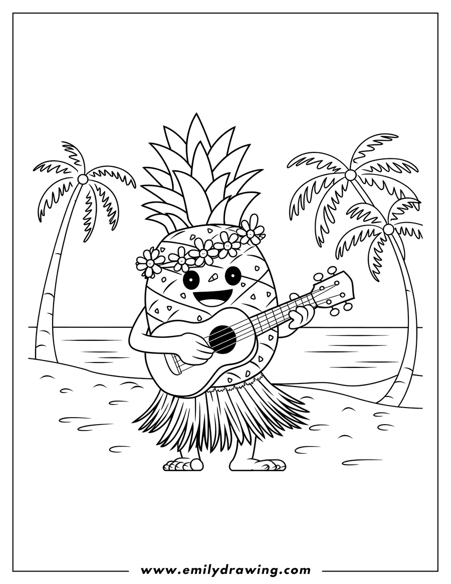Line art of a pineapple wearing a flower crown and grass skirt, playing a ukulele on a tropical beach with palm trees.