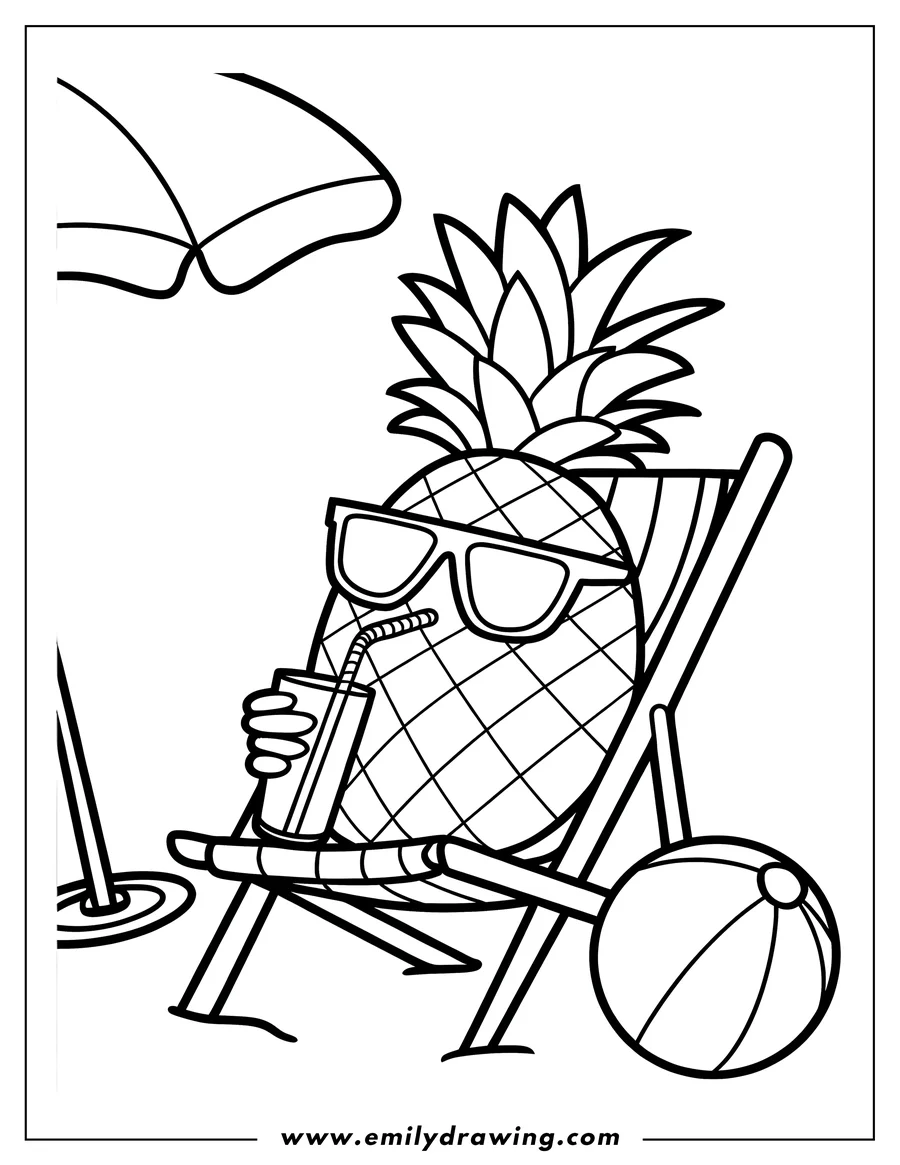 Outline of a pineapple wearing sunglasses and relaxing in a beach chair with a drink and beach ball nearby