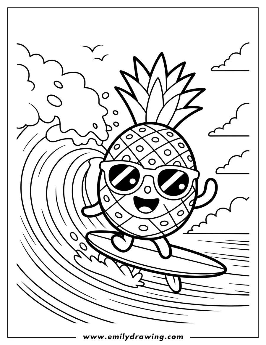 Line art of a smiling pineapple wearing sunglasses and riding a surfboard on a wave. Birds fly overhead and stylized clouds float in the sky.