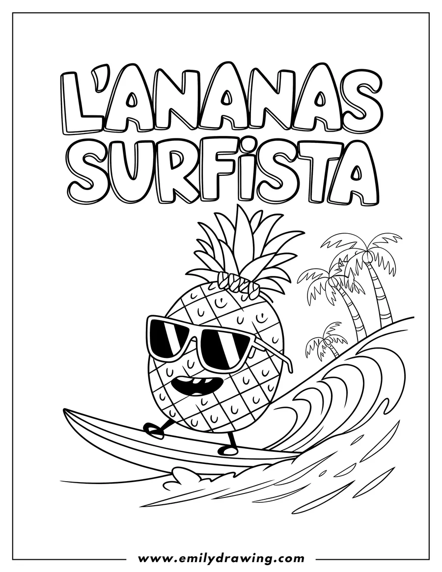 Outline of a pineapple wearing sunglasses and surfing a wave near palm trees.