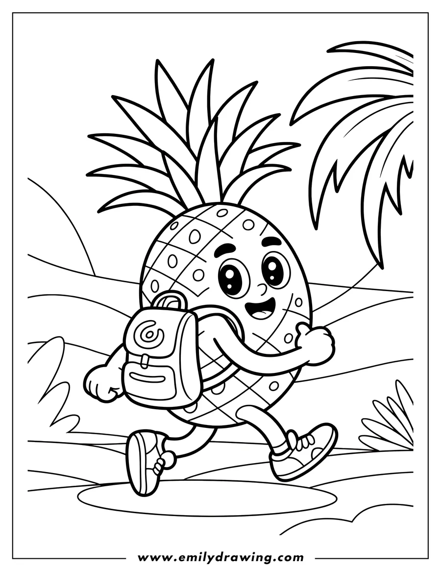 Outline of a happy pineapple walking with a backpack, heading towards palm trees on a sunny day.