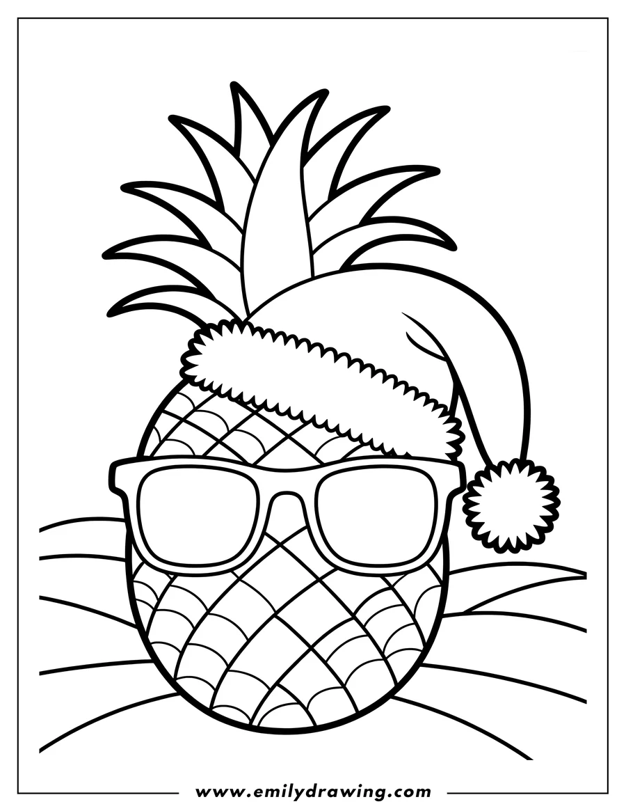 Outline of a pineapple wearing a Santa Claus hat and sunglasses. Ready to be colored!