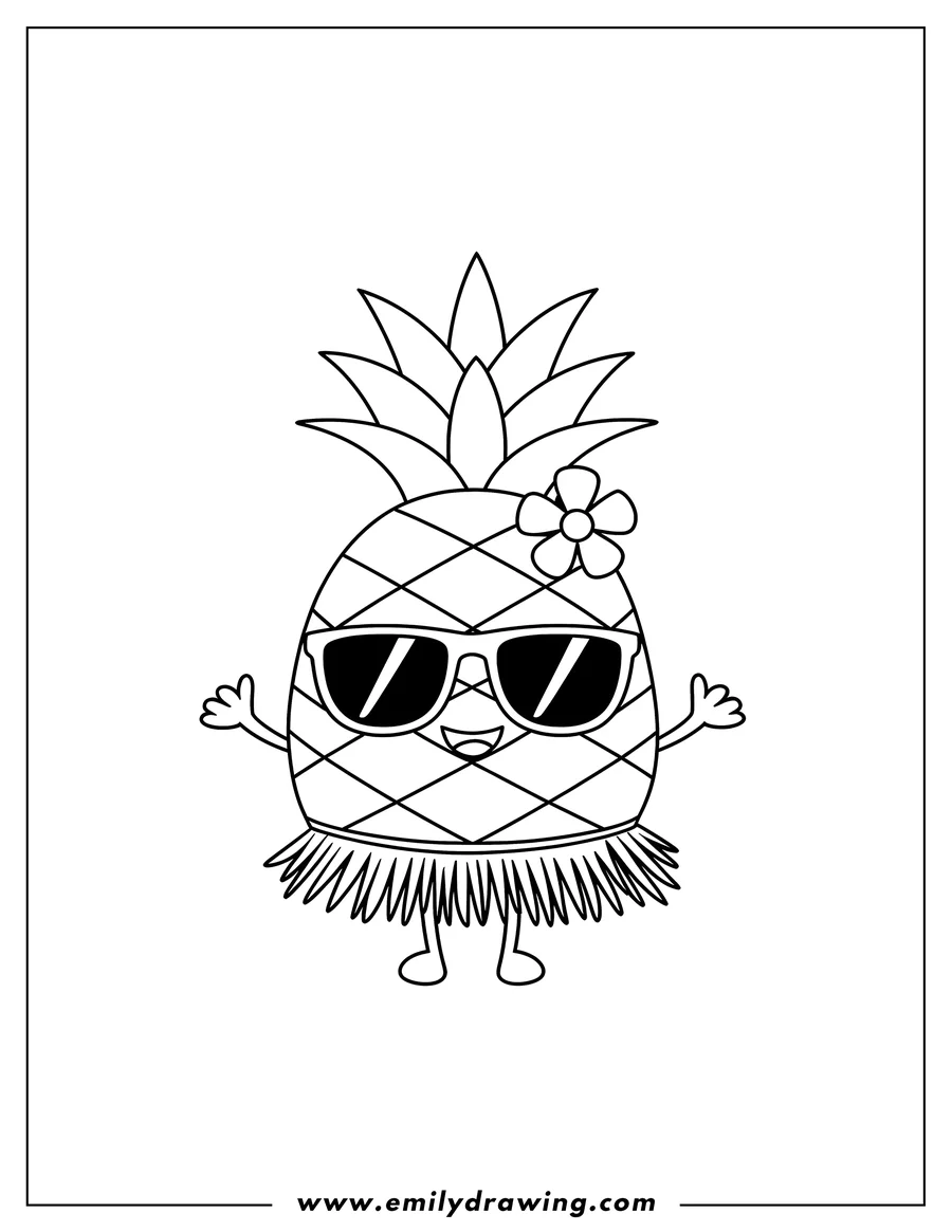 Outline of a pineapple wearing sunglasses, a flower tucked behind its ear, and a grass skirt. It appears to be ready for a luau.