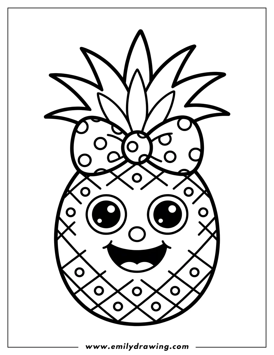 Outline of a smiling pineapple wearing a polka-dotted bow.