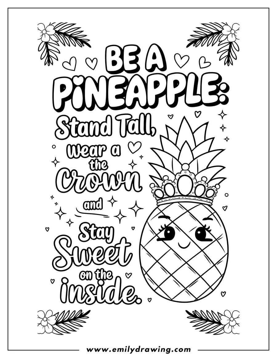 Outline of a pineapple wearing a crown, with the words