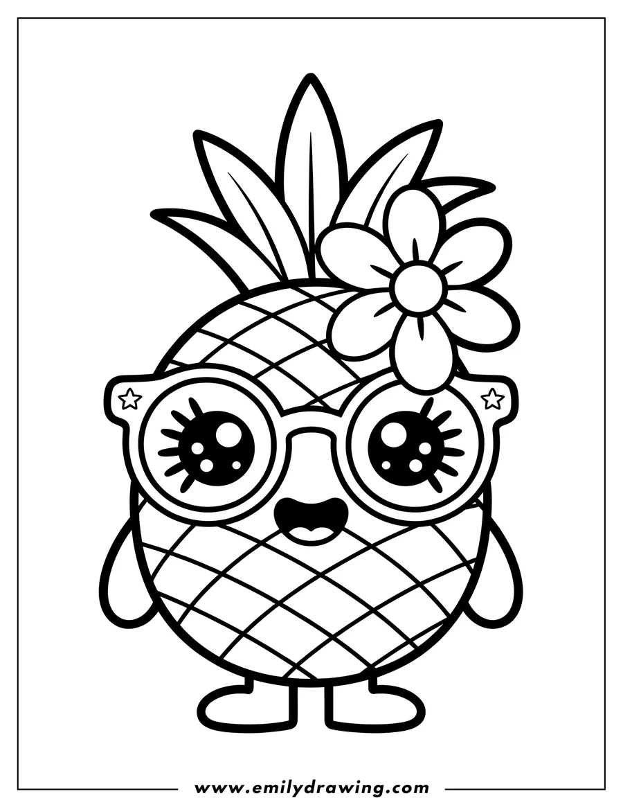 Outline of a cute pineapple wearing large glasses with star accents and a flower tucked behind its ear.