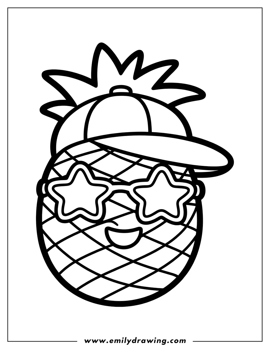 Outline of a pineapple wearing a backwards baseball cap and star-shaped sunglasses. It has a happy expression.