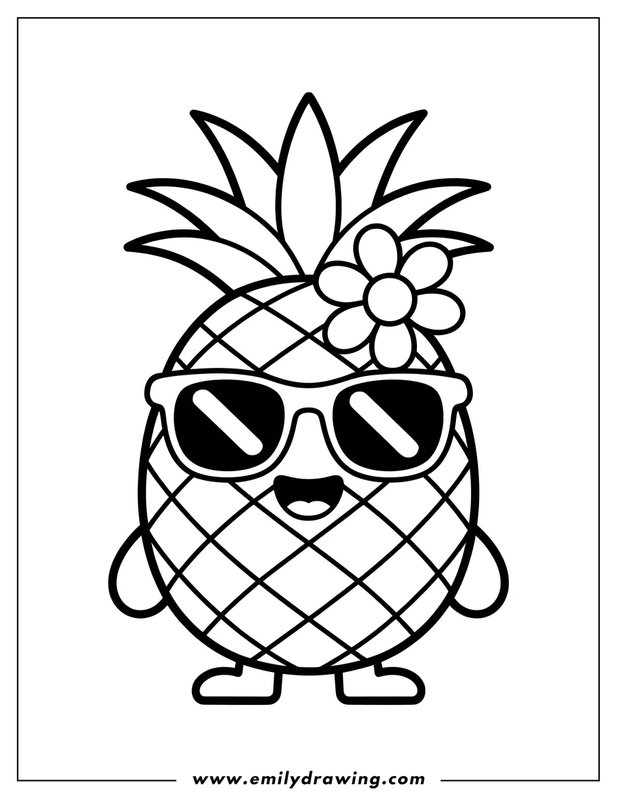 Outline of a pineapple wearing sunglasses and a flower tucked behind its leaves.