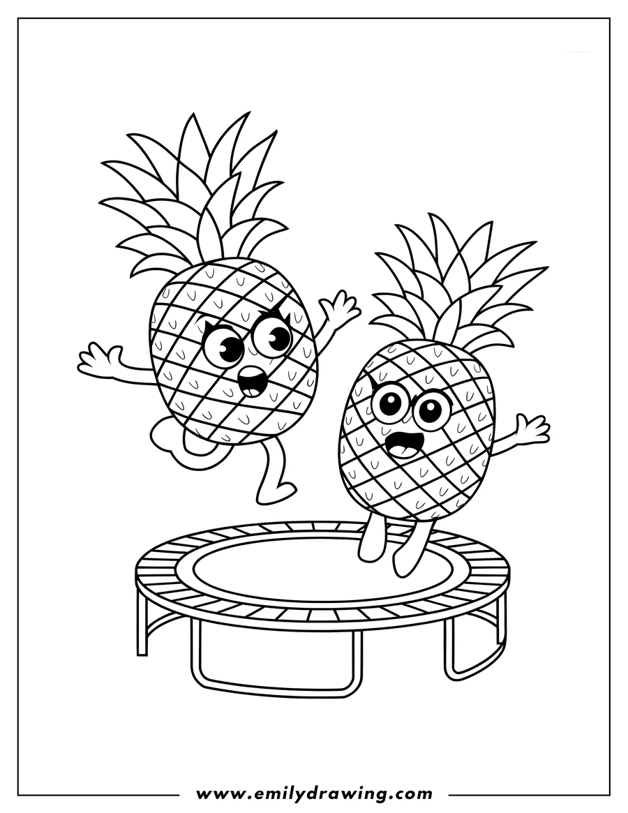 Two playful pineapples jumping and bouncing joyfully on a trampoline. Great for kids who love fruit and fun.