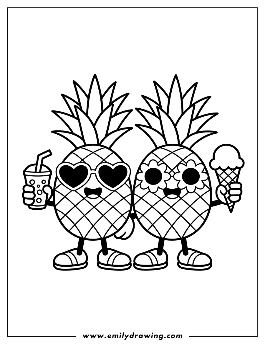 Two pineapples, one with heart-shaped sunglasses and a drink, the other with flower sunglasses and an ice cream cone.