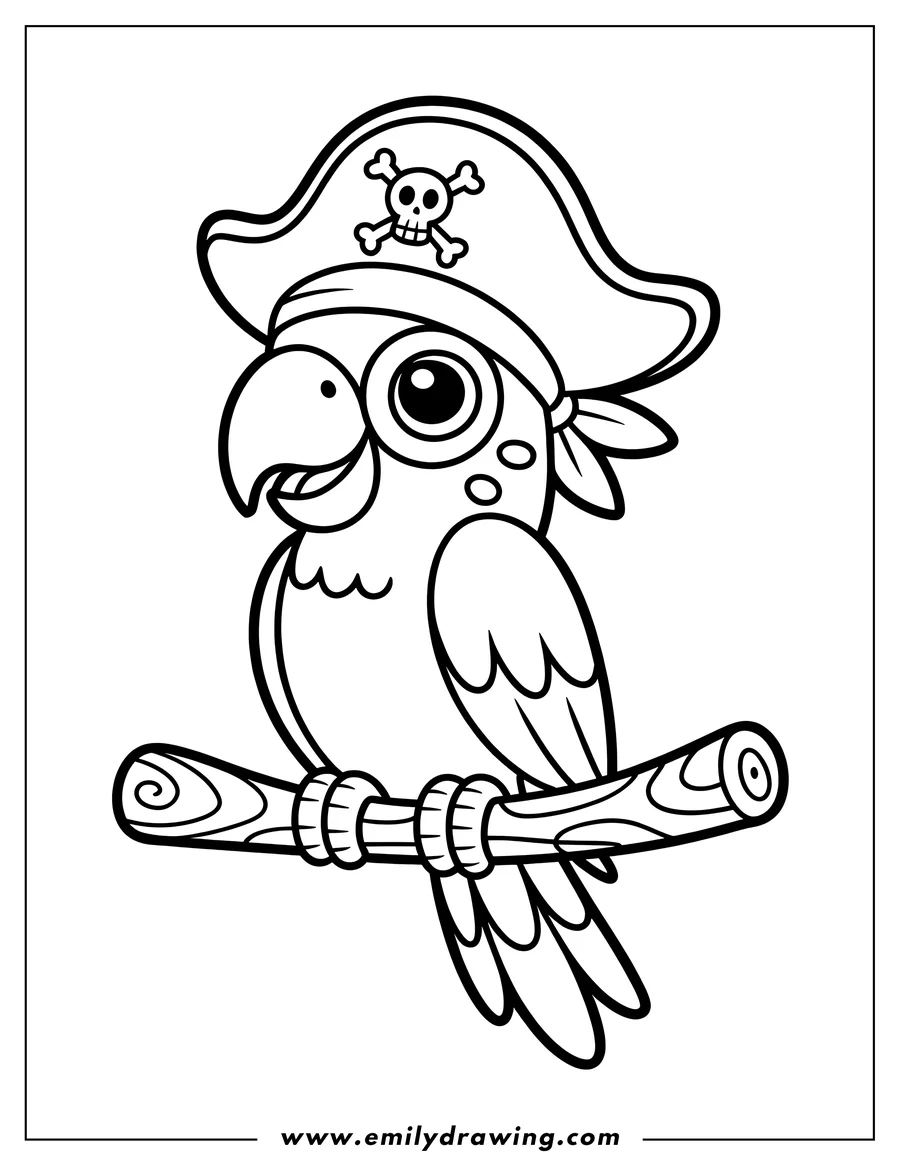 Outline of a parrot wearing a pirate hat perched on a branch.